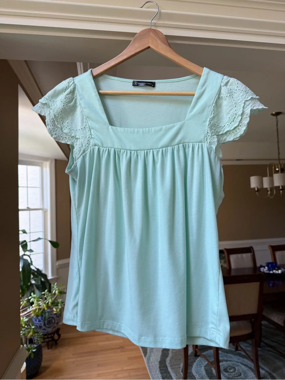 DUO of Mint Green and Magenta Square-Neck Eyelet Flutter Sleeve Tops